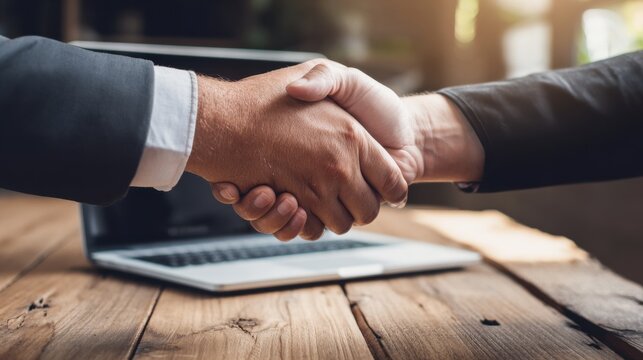 Business professionals shake hands in agreement at a modern workspace during a productive meeting in the afternoon light