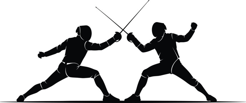 Two fencers in silhouette facing each other with swords raised, fencing, sport, duel, competition, athlete, swordsman, silhouette, black and white, action, combat, fight, challenge, opponent, warrior,