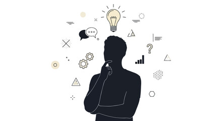 Silhouette of a person contemplating with a bright idea lightbulb and various business concepts floating above