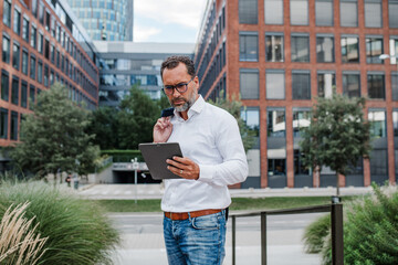 Businessman in front of office building, holding tablet and reading something.