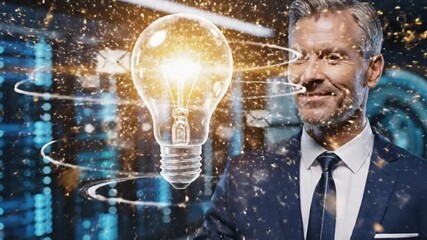 Man holds shining lightbulb in suit sparking innovation with digital backdrop