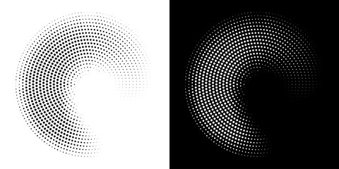 Halftone Circular Dot Pattern. Circle Frame using Halftone Dots Raster Texture. Polka Dots. Spiral logo Icon. Radial design element. Vector Illustration.