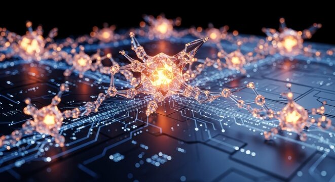 Glowing neural network connections on a digital circuit board represent modern technology's advancement in artificial intelligence
