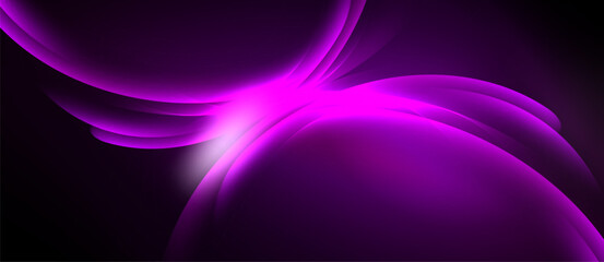Abstract purple shapes radiate from bright center. Smooth curves create dynamic, flowing composition. Dark background emphasizes luminosity.