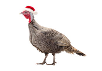 Gray turkey wearing red Santa hat, isolated on a transparent background