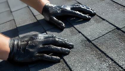 Roofer applies sealant to asphalt shingles with gloved hands for protection