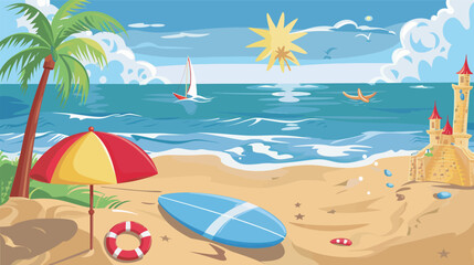 Vector art of beach vacation with umbrella and surfboard