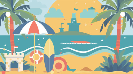 Vector art of beach vacation with umbrella and surfboard