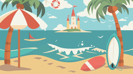 Vector art of beach vacation with umbrella and surfboard