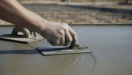 Worker smoothing wet cement surface with trowel during construction project