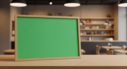 Restaurant Menu Board Mockup with Full Greenscreen on Wooden Counter in Modern Café Interior