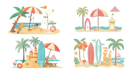 Vector art of beach vacation with umbrella and surfboard