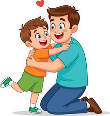 Joyful father and son embracing with love, happy family bonding illustration, parenting affection, emotional connection, heartwarming cartoon vector art