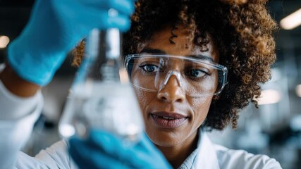 female scientist holding flask in lab, smiling through protective goggles while examining vibrant blue solution; close-up portrait shows gloved hand, white