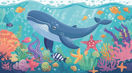 Vector art of ocean life with whale, starfish and coral