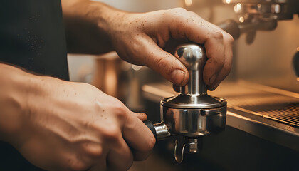Barista presses coffee grounds into portafilter with tamper at coffee shop