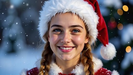 Young girl with braids in Santa hat and red fur-trimmed costume outdoors in snowy winter with Christmas tree lights.
