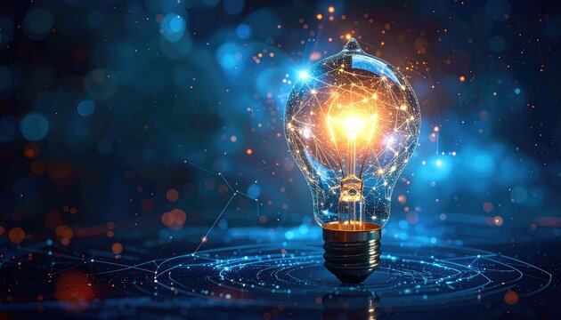Bright Idea: Glowing Light Bulb with Digital Network Connections - Innovation, Technology, and Future Concepts