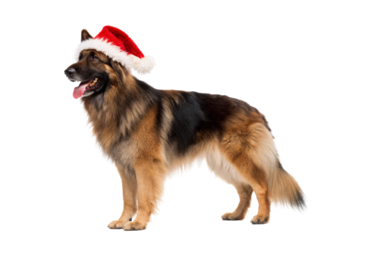 German Shepherd dog wearing red Santa hat, isolated on a transparent background - Powered by Adobe