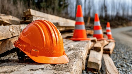Bright orange hard hat and traffic cones near wooden logs on a construction site in the forest