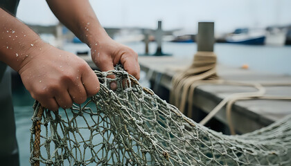 Fisherman holds fishing net on dock preparing for fishing in the ocean