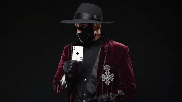Mysterious Masked Magician Holding Ace of Spades