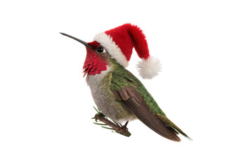 Fototapeta premium Hummingbird perched wearing red Santa hat, side view, isolated on a transparent background