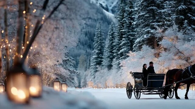 A picturesque winter scene captures a horse-drawn carriage gliding through a snow-covered alley illuminated by soft, twinkling lights, with majestic trees framing the enchanting landscape.