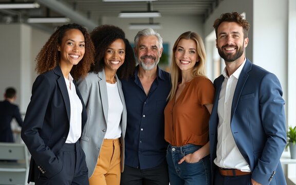 Happy diverse business team standing together in office International young professional smiling corporate employee with senior leaders looking at camera. High quality - Powered by Adobe