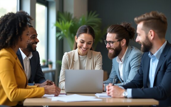 Happy diverse business people group negotiating business strategy at boardroom meeting table using laptop. Multicultural team discuss project developing financial research working together in office.