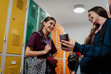 Teen students hanging out in school hallway by lockers.