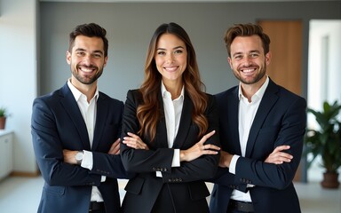 Group of smiling business people pose arms folded in office, diverse trio. High quality