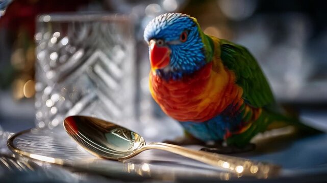 A Vibrant Parrot Curiously Examines a Golden Spoon on a Tastefully Arranged Table, Capturing the Essence of Nature's Palette Amidst Refined Elegance and Playful Imagination