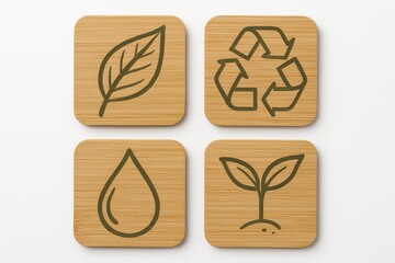 Set of four square bamboo coasters with eco-friendly symbols including leaf, recycle, water drop, and sprout on white background.