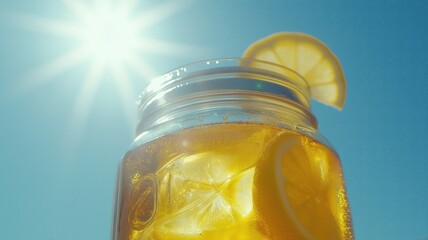 Refreshing iced tea in jar with lemon slice under bright sun  