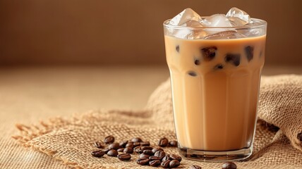 Glass of bubble tea with tapioca pearls on burlap background — ideal for summer, sweet treats and dessert content.