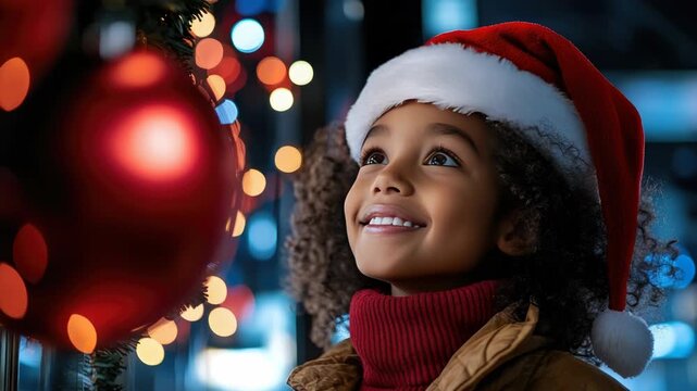 Charming little girl in a Santa hat gazes up at a brightly lit, ornament covered Christmas tree, smiling with wonder and holiday joy as festive lights glow on her face