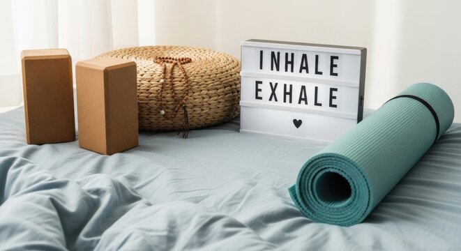 Yoga practice tools arranged on a soft bed with calming decorations promoting mindfulness in a cozy indoor space