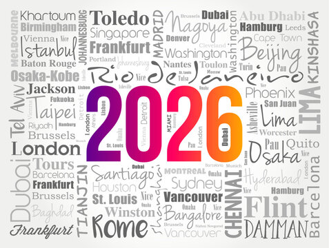 2026 surrounded by city names like London, Tokyo, Dubai, Madrid, Beijing, Lima, Rome, Taipei and more, forming a dynamic travel-themed word cloud highlighting destinations around the world
