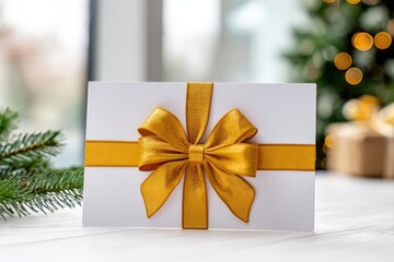 White gift certificate with golden ribbon bow, holiday background