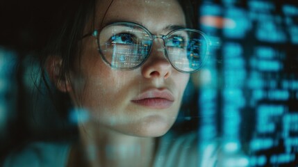 Female Programmer Wearing Glasses Analyzing Data in Dark Office with Blue Digital Screens