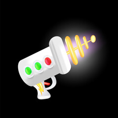Cartoon super space energy blaster isolated on black background. Retro game label or icon with vintage space laser pistol gun. Tesla electric coil gun