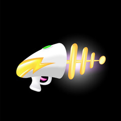Cartoon super space energy blaster isolated on black background. Retro game label or icon with vintage space laser pistol gun. Tesla electric coil gun