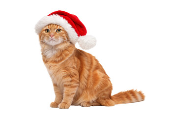 Orange cat with Santa hat sitting, isolated on a transparent background