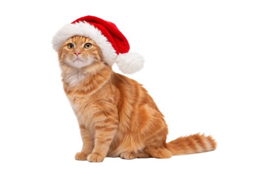 Orange cat with Santa hat sitting, isolated on a transparent background