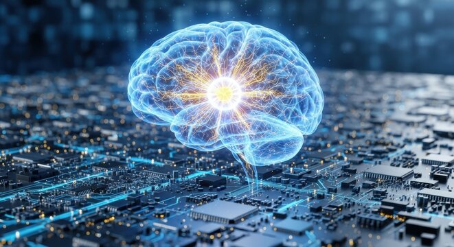 Digital brain representing artificial intelligence connecting with technology in a futuristic cityscape setting