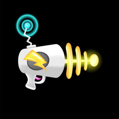 Cartoon super space energy blaster isolated on black background. Retro game label or icon with vintage space laser pistol gun. Tesla electric coil gun