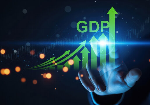 Gross domestic product GDP text with glowing green upward arrows over a business hand on digital background with stock market chart