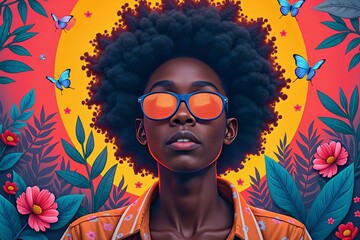 African Graphic Designer Immersed in Digital Collage, Blending Real and Virtual Worlds.