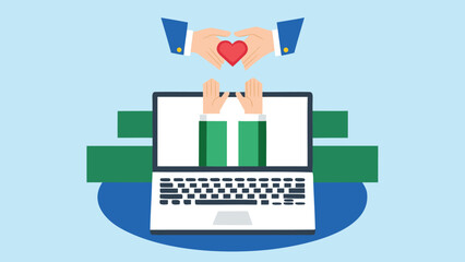 Minimal flat design illustration of hands gently offering a red heart symbol representing love care and support in a clean modern style